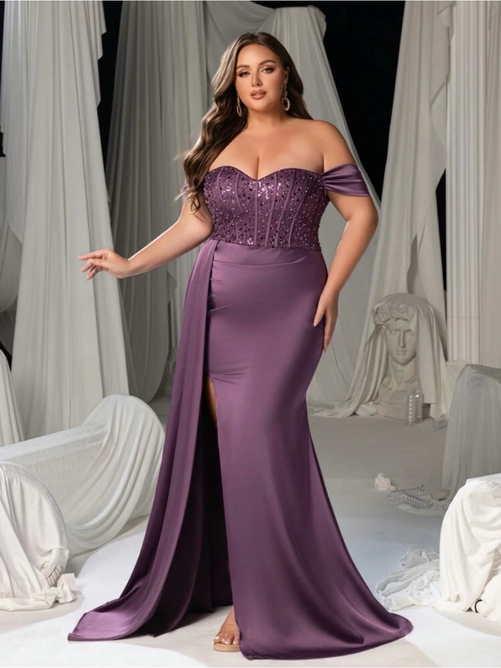 Plus-Size Strapless Purple Evening Gown with Embellished Corset